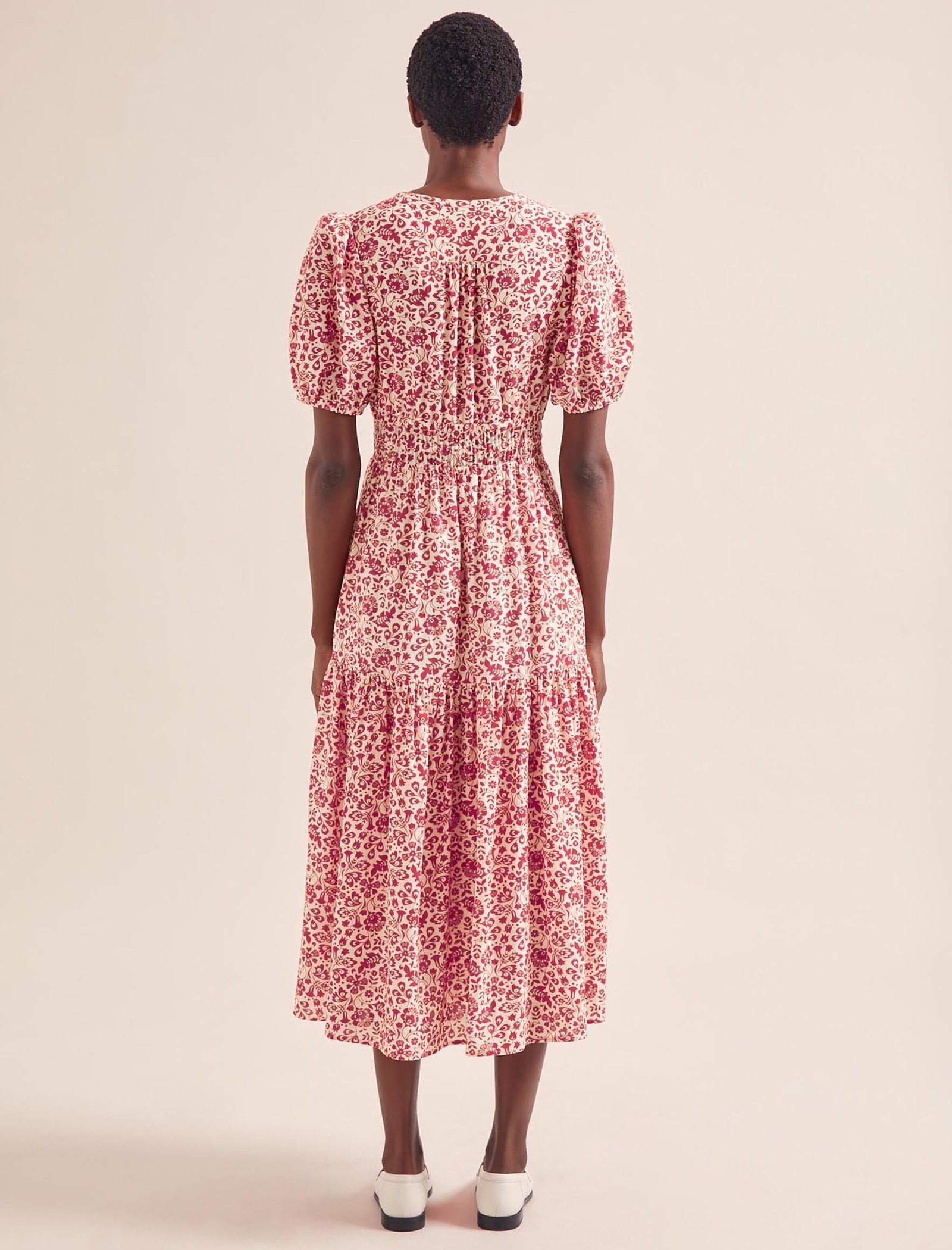 Olive Cotton Blend Midi Dress - Red Mono Floral Print - Image 5