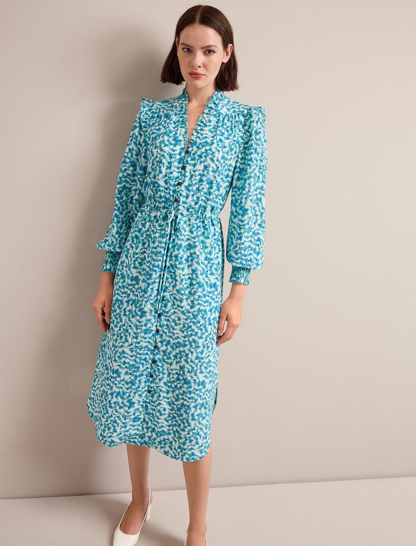 Stella Silk Midi Dress - Blue Green Feather Print - Image 7