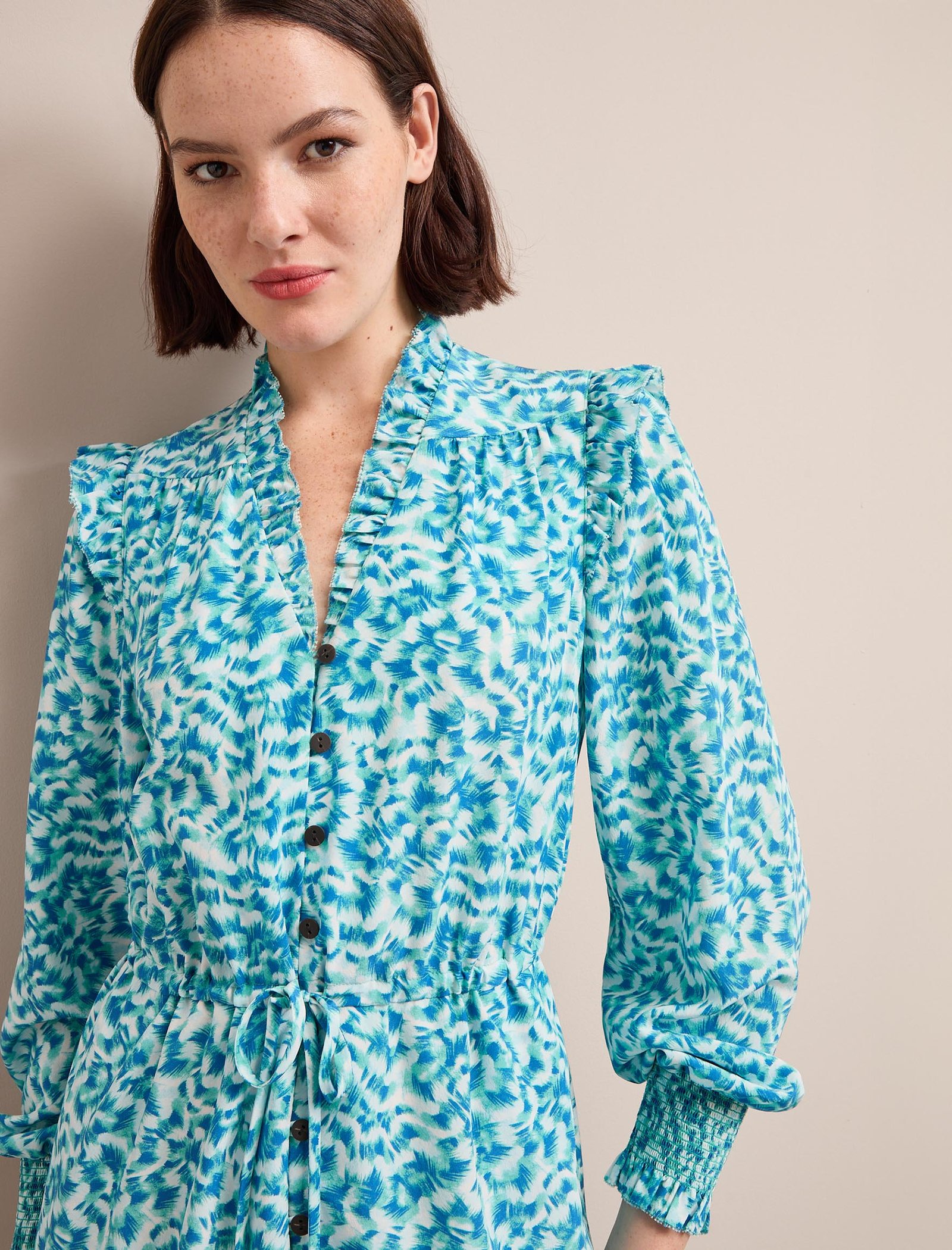 Stella Silk Midi Dress - Blue Green Feather Print - Image 2