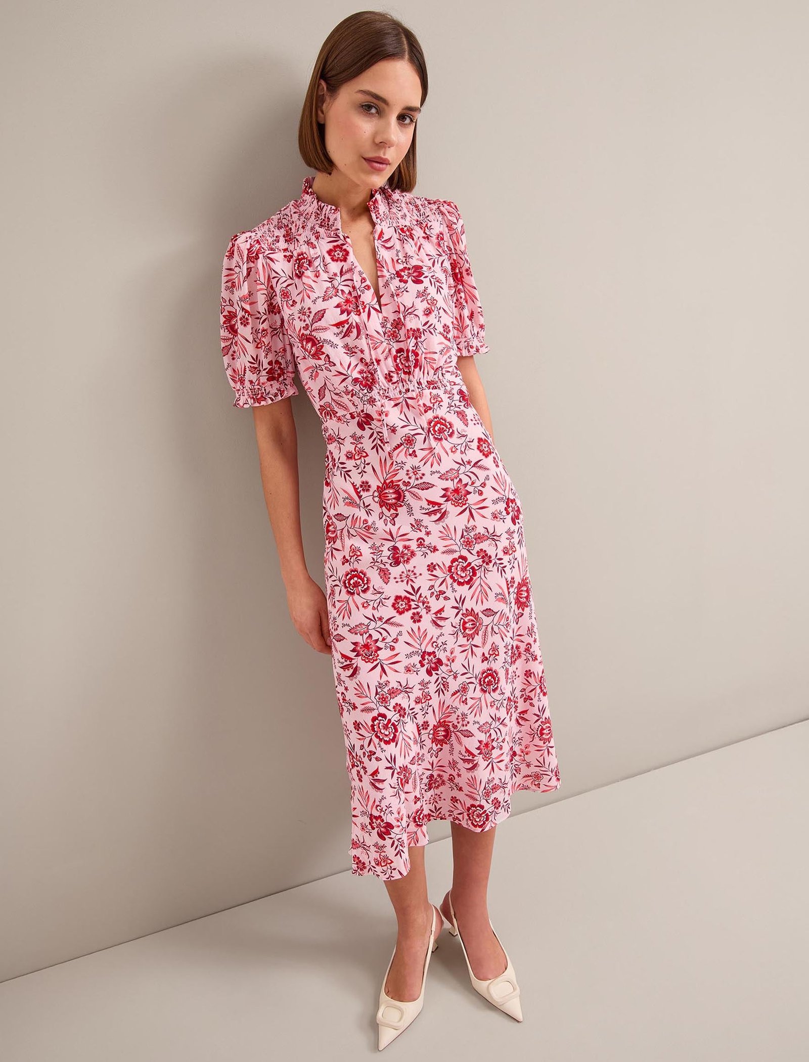 Irina Cotton Blend Midi Dress - Pink Palm Floral Print