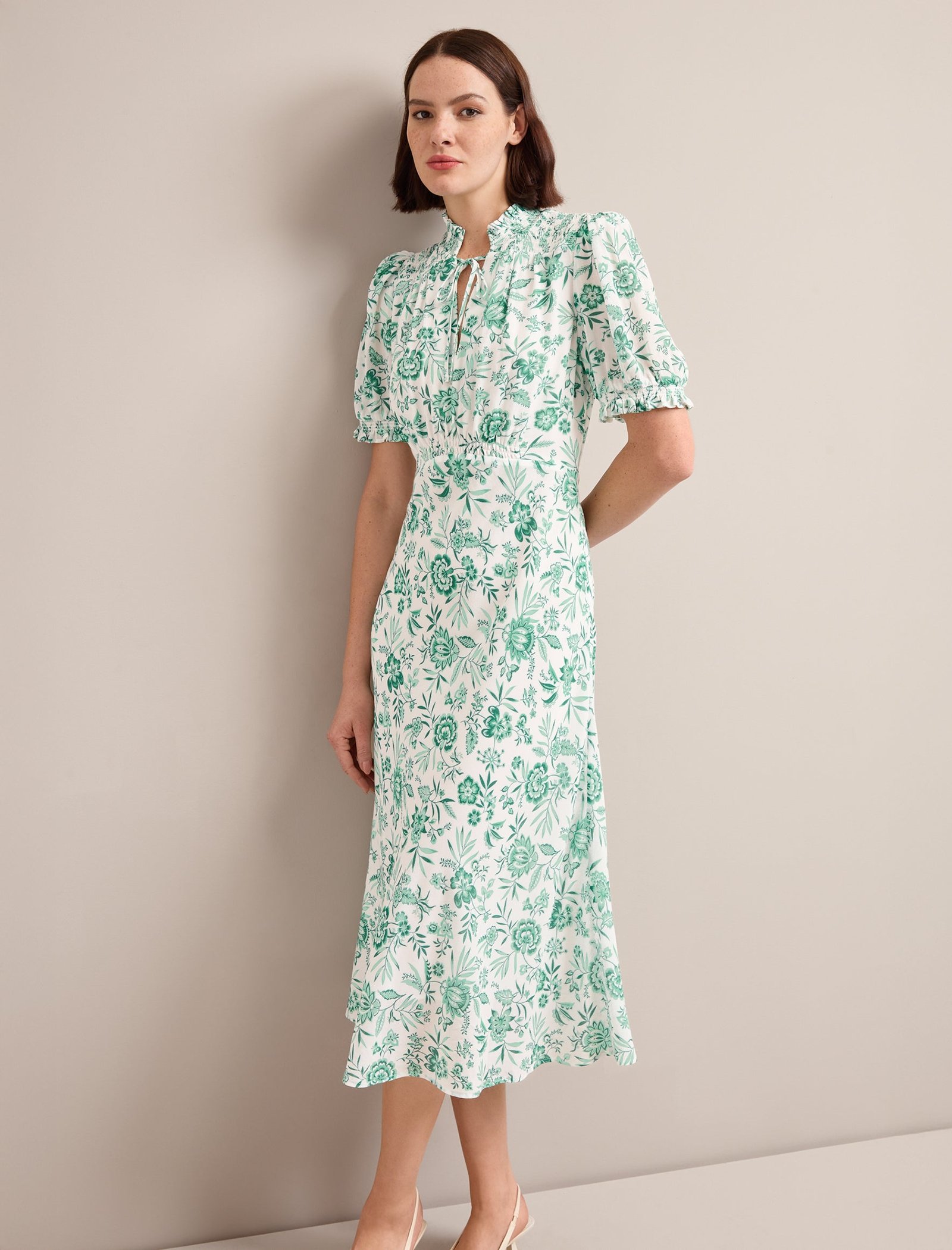 Irina Cotton Blend Midi Dress - Green Palm Floral Print - Image 2