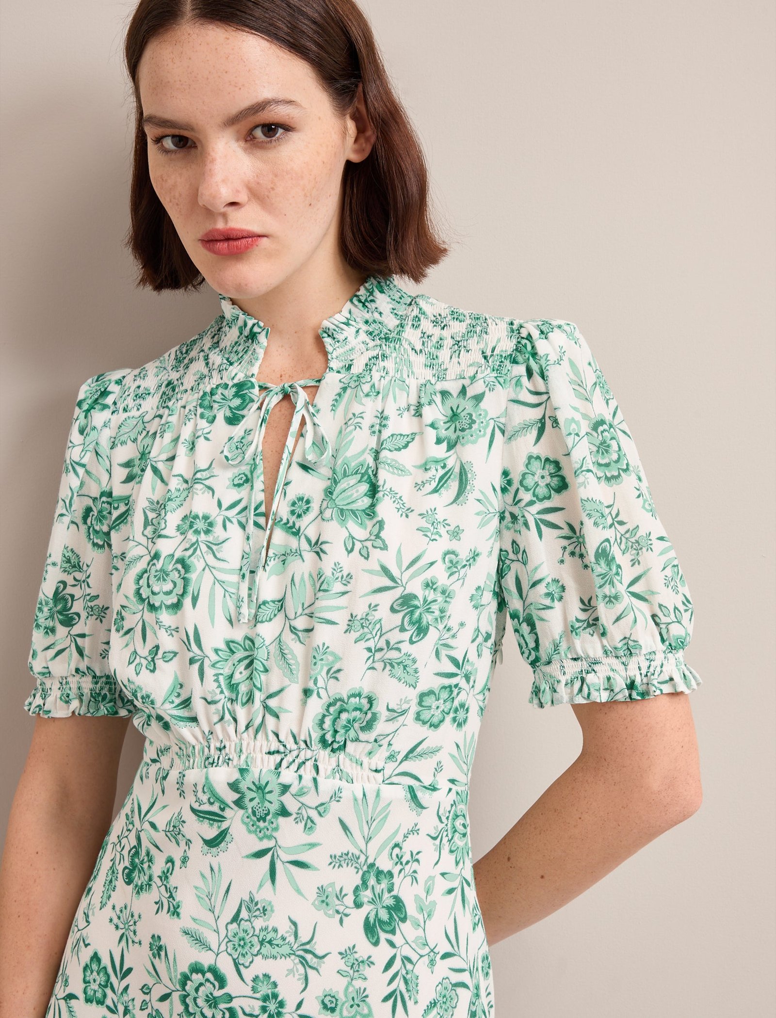 Irina Cotton Blend Midi Dress - Green Palm Floral Print - Image 3