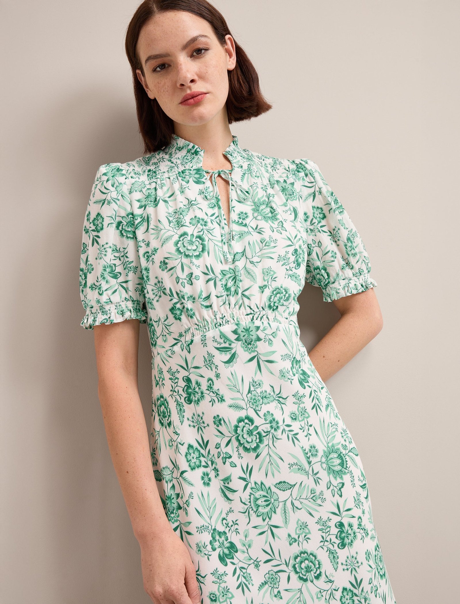 Irina Cotton Blend Midi Dress - Green Palm Floral Print - Image 5