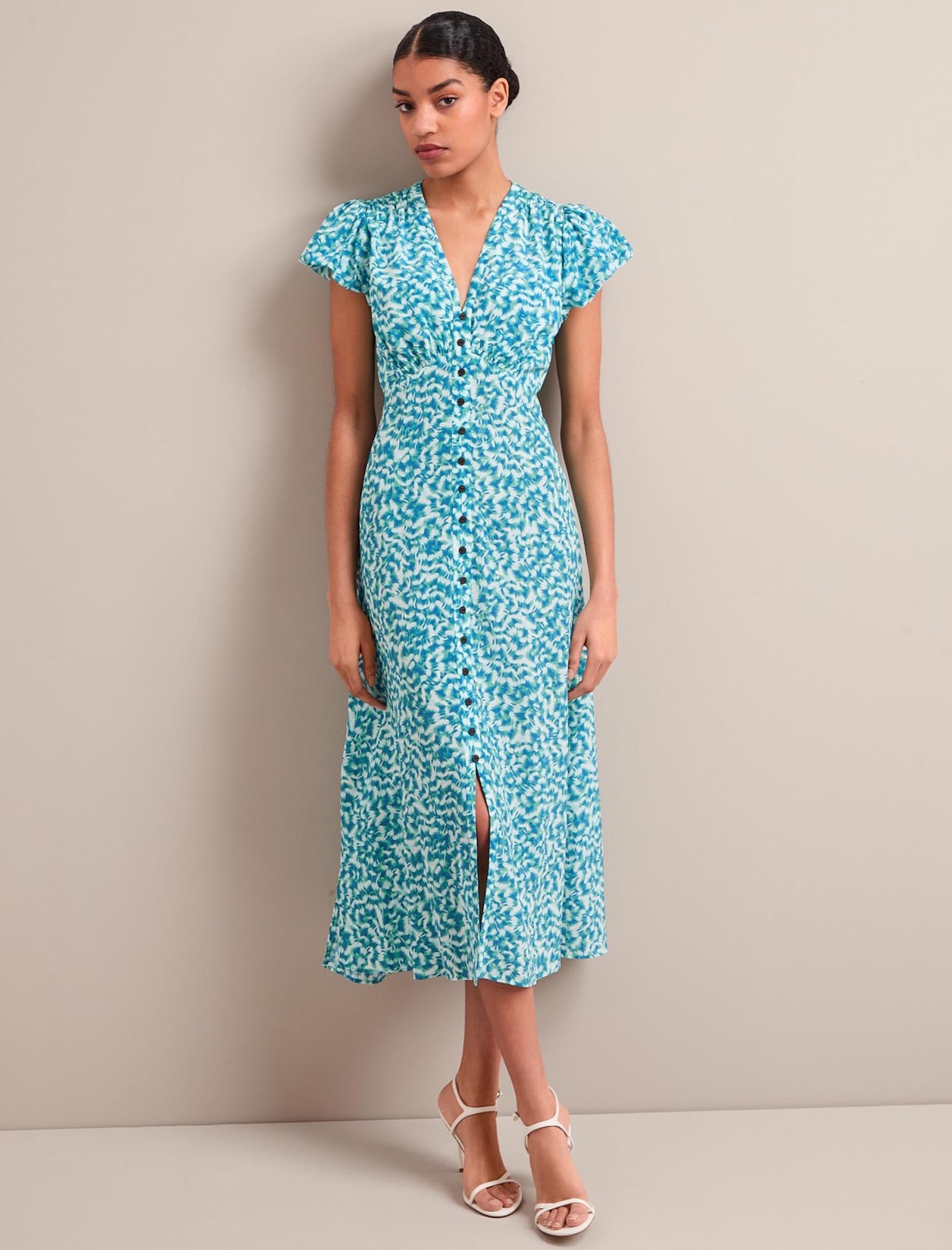 Leila Silk Maxi Dress - Blue Green Feather Print