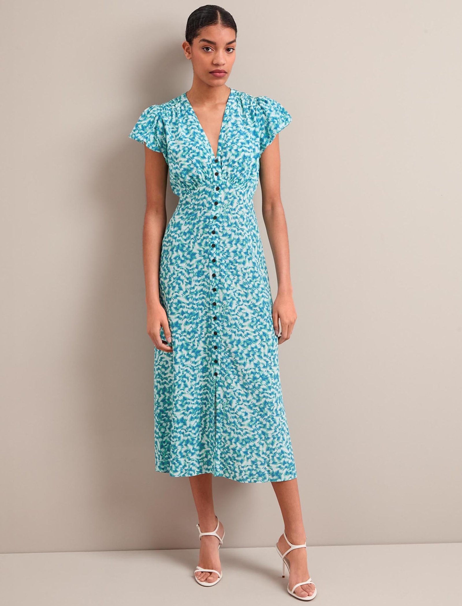 Leila Silk Maxi Dress - Blue Green Feather Print - Image 9