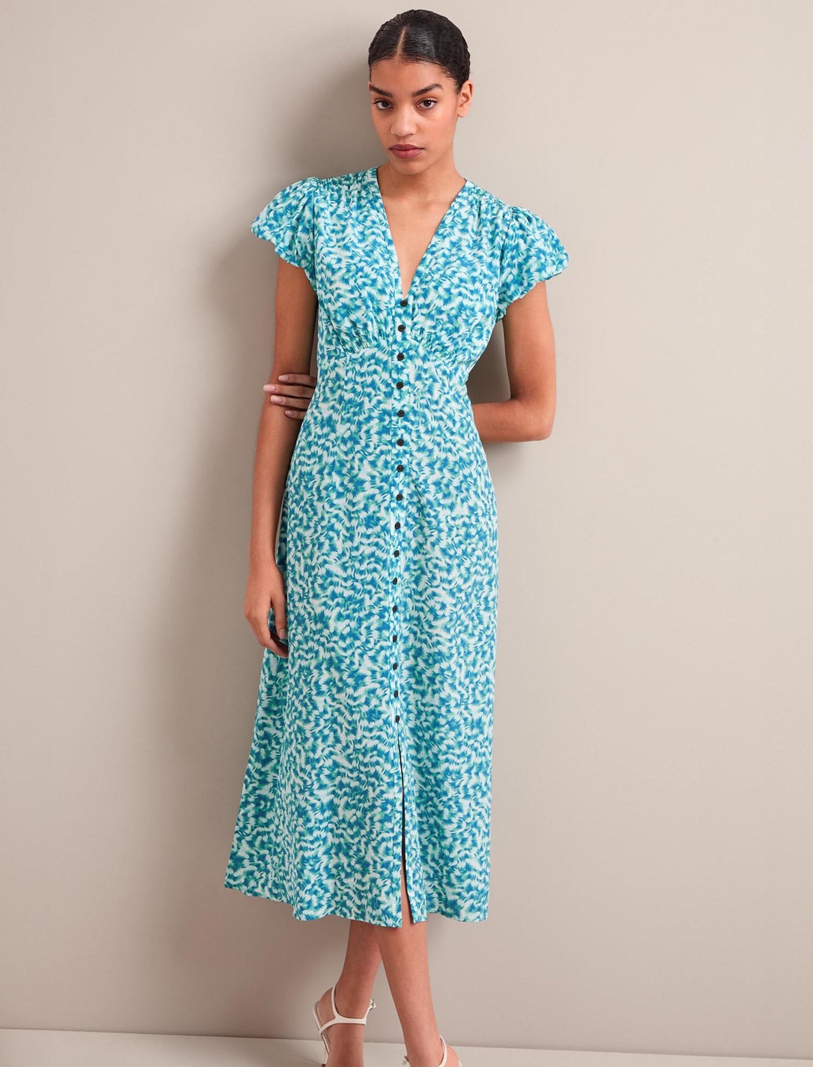 Leila Silk Maxi Dress - Blue Green Feather Print - Image 5