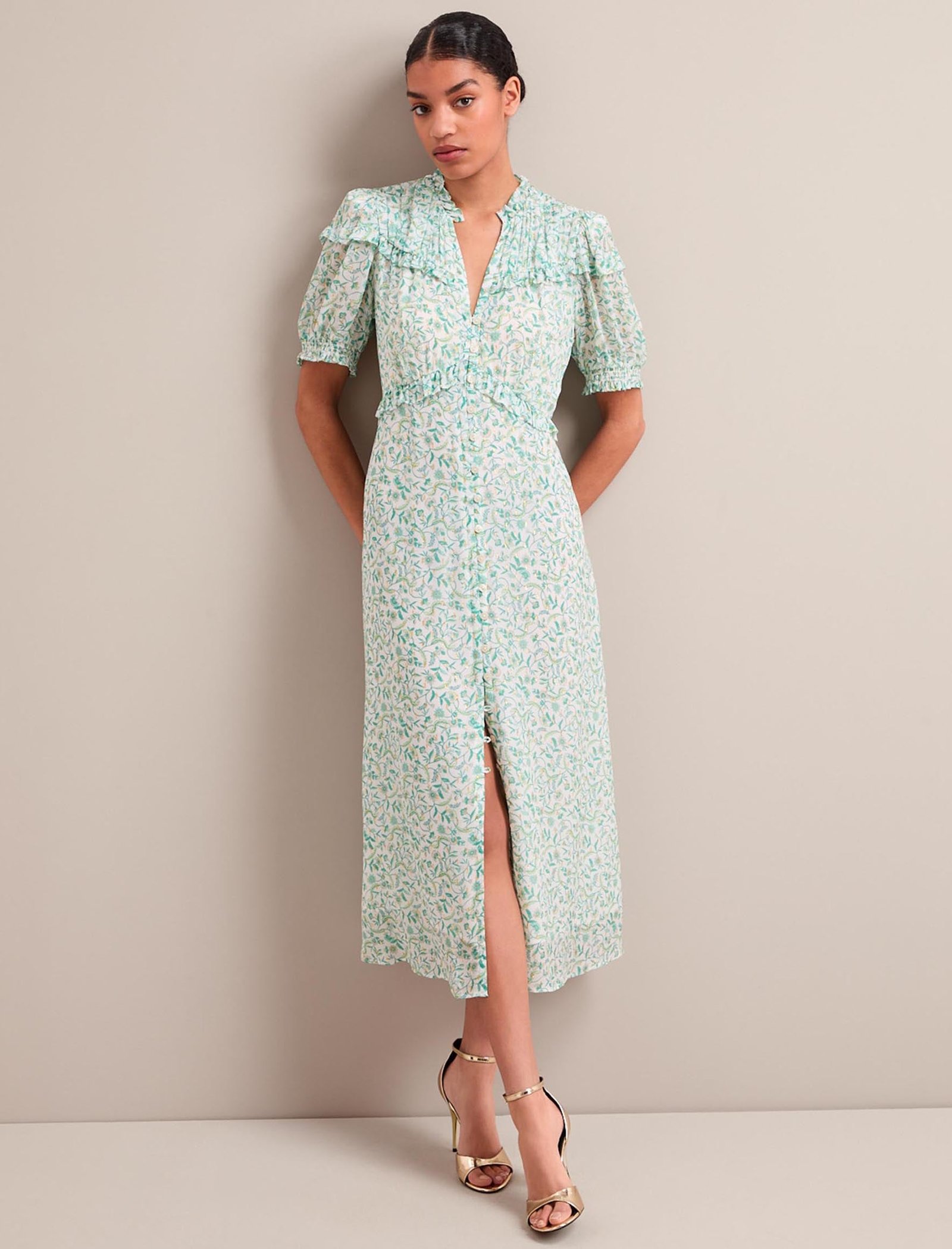 Viola Gold Metallic Fil Coupé Midi Dress - Green Yellow Trailing Feather Print - Image 8