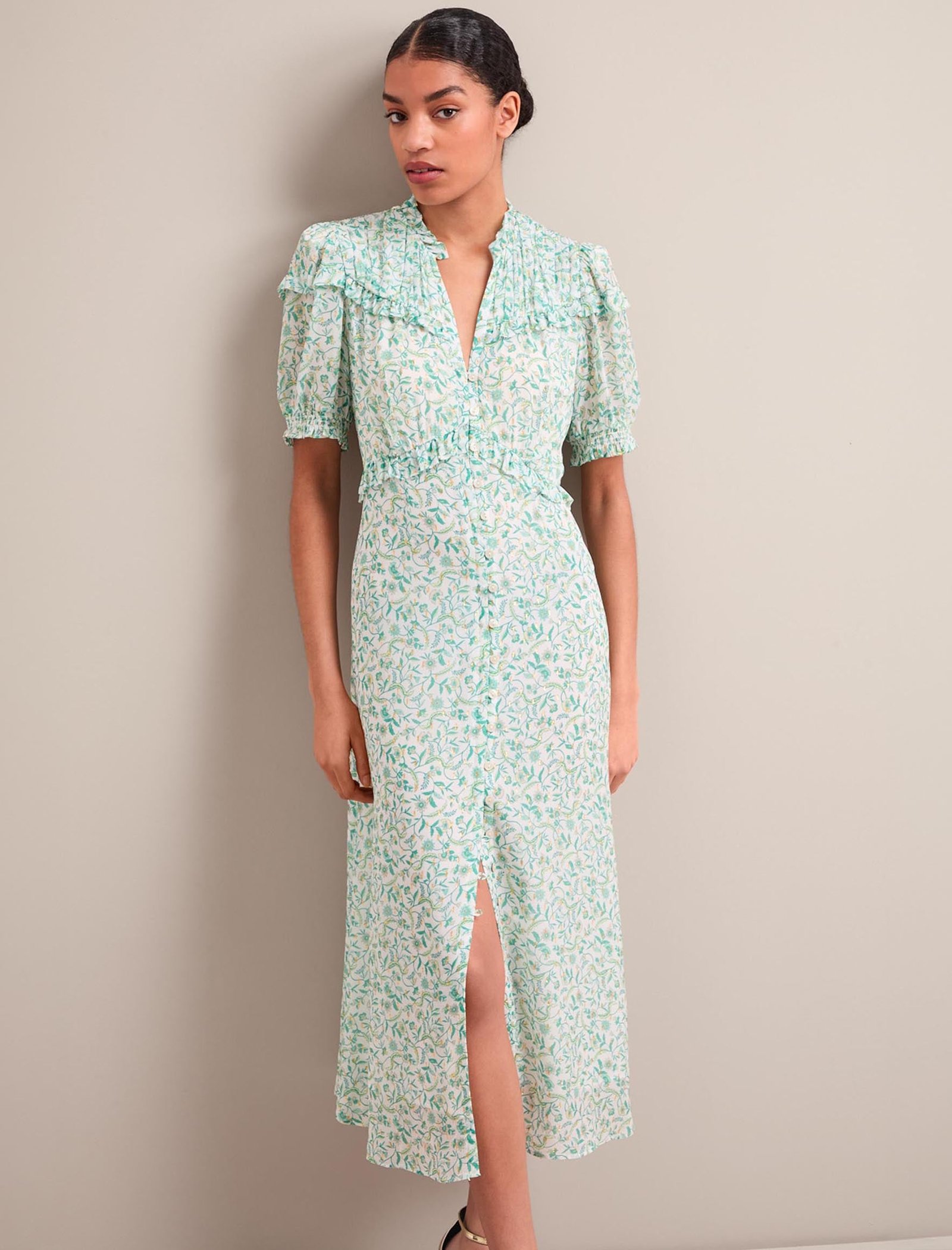 Viola Gold Metallic Fil Coupé Midi Dress - Green Yellow Trailing Feather Print - Image 9