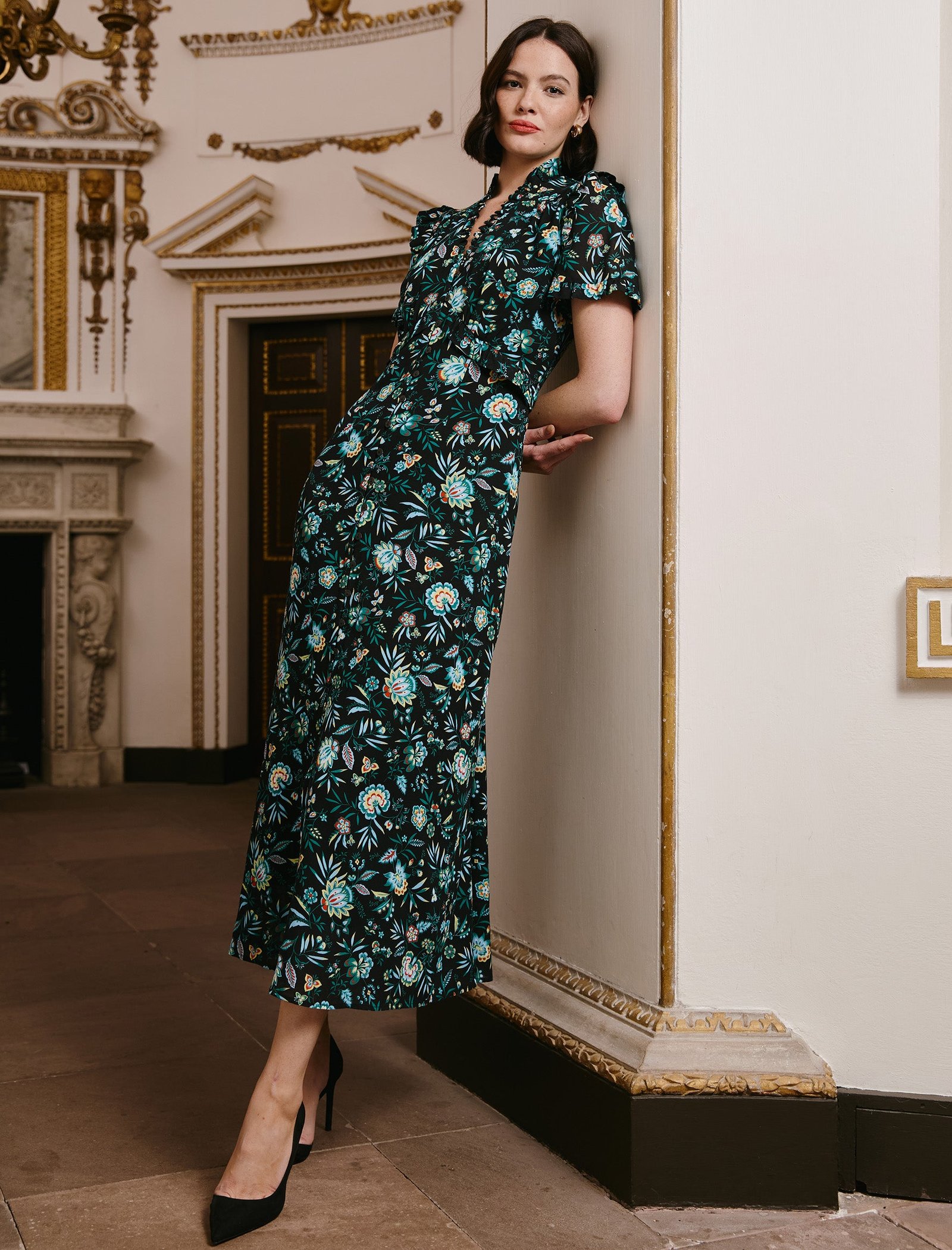 Liliana Cotton Blend Maxi Dress - Black Palm Floral Print