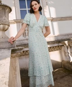 Lotta Gold Metallic Fil Coupé Maxi Dress - Green Yellow Trailing Feather Print