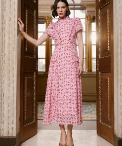 Mirabel Gold Metallic Fil Coupé Maxi Dress - Pink Floral Trellis Print